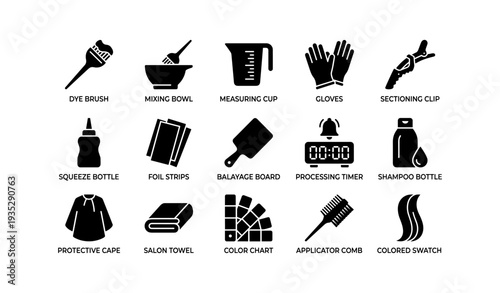 Hairdressing tools: dye brush, mixing bowl, gloves, foil strips, comb