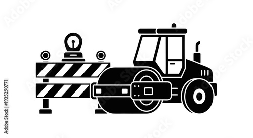 Road Construction Equipment Vector: Road Roller Machine and Traffic Barrier Silhouette.