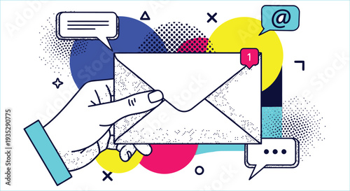 Email Marketing Concept Illustration – Hand Holding Envelope with Message Notification in Pop Art Style Vector