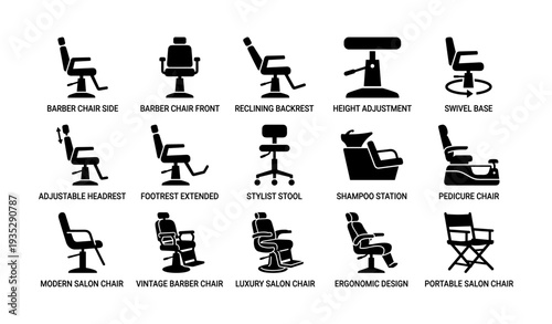 Variety of barber and salon chairs with features like reclining and height adjustment