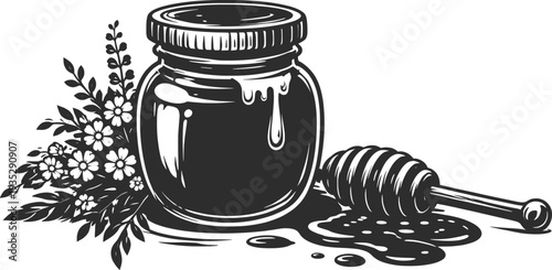 Honey Jar with Dipper and Bees Rustic Vector Illustration.