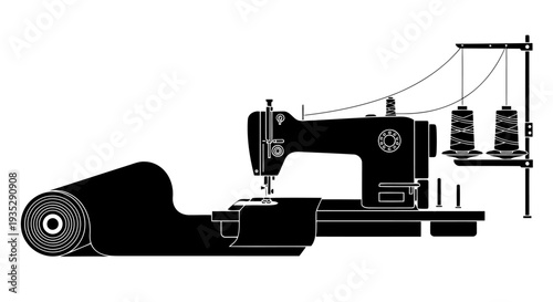 Industrial Textile Machinery Vector: Professional Sewing Machine with Fabric Roll and Thread Spools.