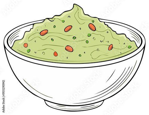 Vibrant green guacamole dip in a classic white bowl with colorful fresh ingredients illustration