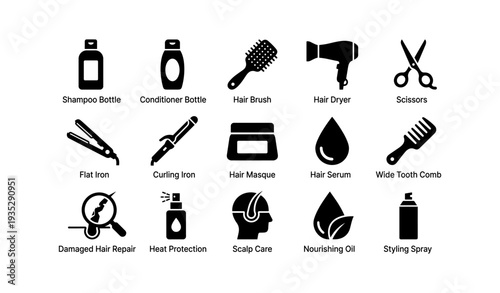 Hair care tools and products icons: shampoo, conditioner, styling