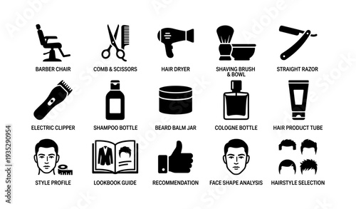 Men's grooming essentials icons set: tools and products for hair and beard care