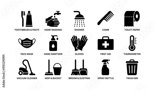 Essential bathroom and cleaning icons: hygiene, sanitation, and safety symbols