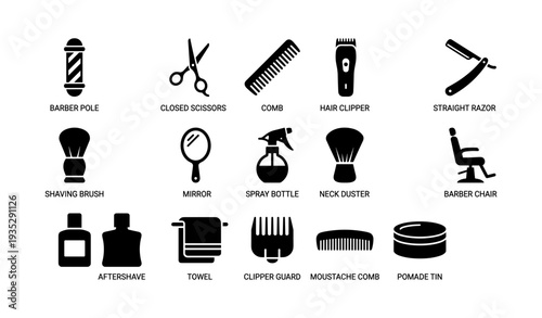 Barber tools icons: scissors, comb, clipper, razor, shaving brush, mirror, spray bottle
