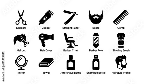 Barber shop icons: tools and grooming essentials illustrated in black silhouettes