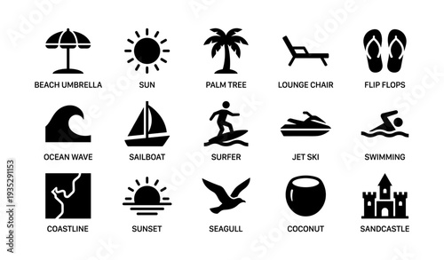 Summer beach icons: umbrella, sun, palm tree, lounge chair, flip flops, ocean wave, sailboat, surfer
