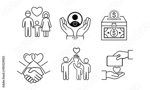 Charitable donation and online payment icon set. Concepts of financial support, family care, community partnership, and secure money contribution in thin line style.