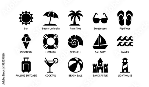 Beach vacation icons: sun, umbrella, palm, sunglasses, flip flops, ice cream, lifebuoy, seashell, sailboat