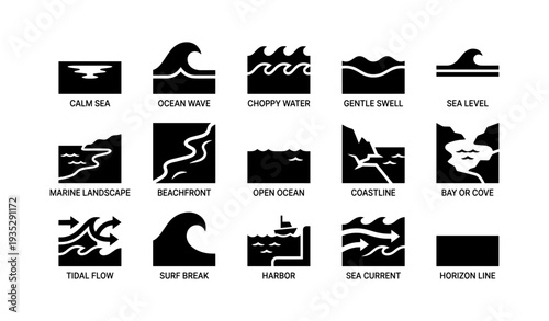 Icon set: calm sea, ocean wave, choppy water, gentle swell, coastline, harbor