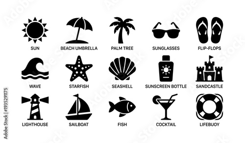 Summer beach icons: sun, palm, umbrella, sunglasses, and more