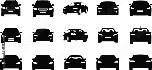 Black car silhouette collection featuring various vehicle types including sedans, SUVs, and coupes from front and rear view for automotive vectors.