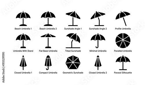 Variety of umbrella and sunshade icon designs in black silhouette style