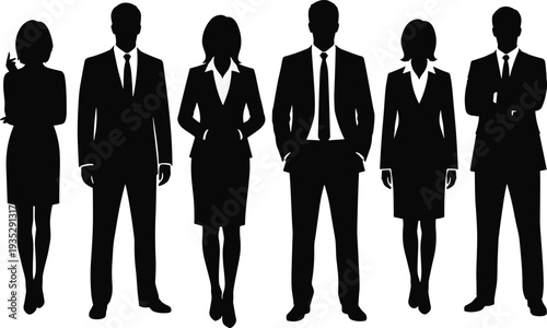 Group of business professionals silhouettes standing in formal suits, corporate team concept, isolated black figures on white background representing leadership, teamwork and workplace diversity