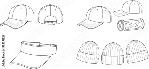 Baseball cap and beanie hat collection technical sketch, visor cap design set, headwear apparel outline, cad drawing flat vector illustration