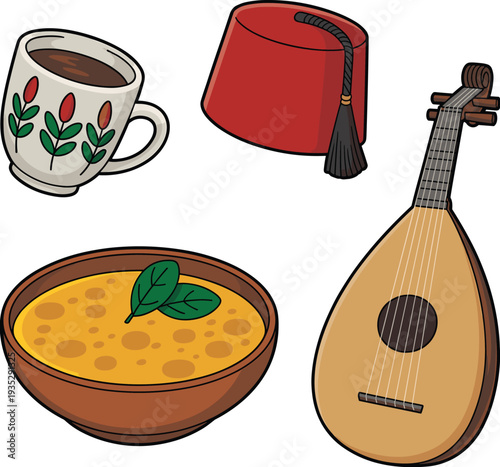 Cartoon illustration of traditional Turkish objects including coffee cup, fez hat, lentil soup bowl and oud instrument vector set