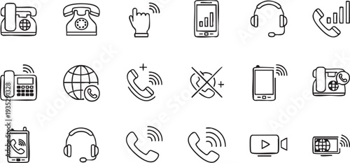 Collection of black line depicting various phones and communication devices mobile phone
