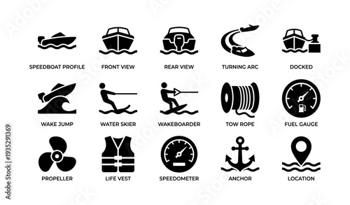 Speedboat and water sports icons: wakeboarding, skiing, navigation, and equipment symbols