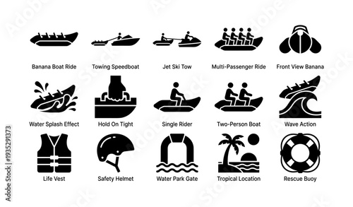 Black icons of water activities and safety gear including banana boat and life vest