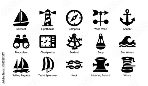Nautical icons: sailboat, lighthouse, anchor, compass, binoculars, knot, winch, buoy, waves