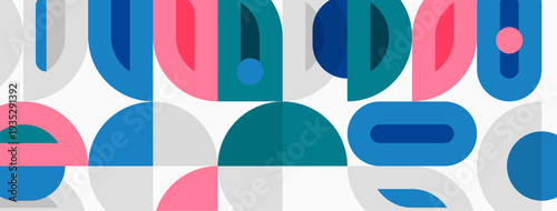 Abstract geometric shapes overlap, creating colorful pattern. Soft pastel hues dominate design, offering modern aesthetic.