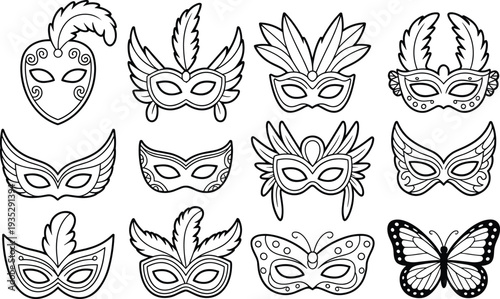 Elegant masquerade carnival mask collection with feathers and butterfly designs, decorative venetian costume masks set in detailed line art vector illustration for festival party themes