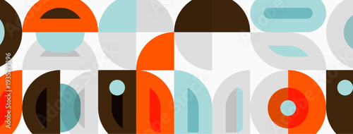 Abstract geometric pattern. Circles, squares, rectangles create midcentury modern aesthetic. Warm, cool colors blend seamlessly.