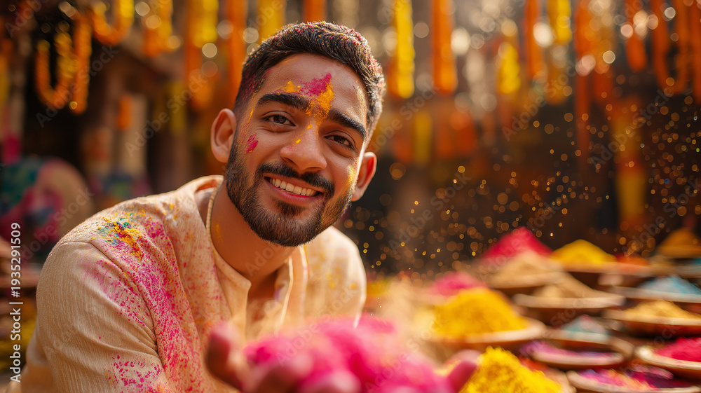 Obraz premium Cheerful man celebrating colorful festival with vibrant powders in a lively market during day Generative AI