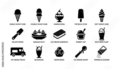 Ice cream icon set: cone, sundae, popsicle, milkshake, float, scoop tools