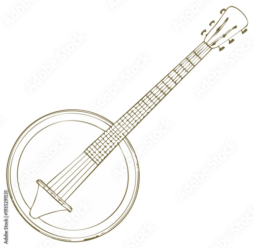 Detailed line drawing of a banjo musical instrument with strings and tuning pegs