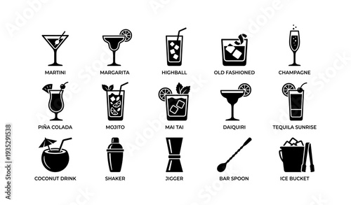 Collection of classic cocktail icons with bar tools on white background
