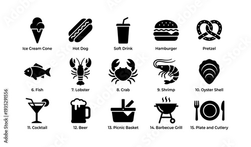 Food icons: ice cream, hot dog, burger, seafood, drinks, picnic, bbq, pretzel