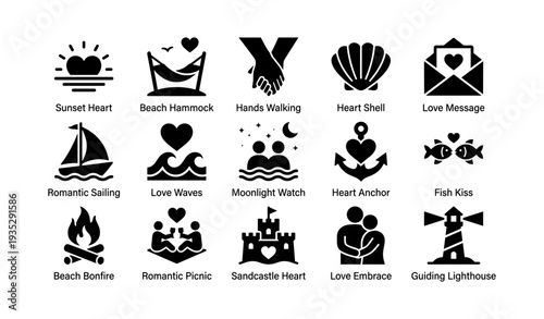 Romantic symbols collection: sunset, beach, love, and heart icons