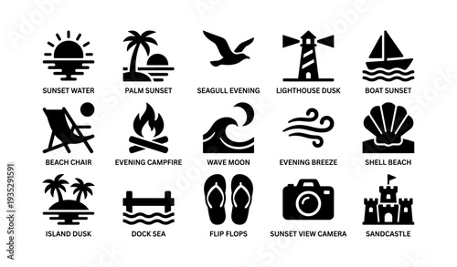 Minimalist icons of sunset beach activities and coastal scenes