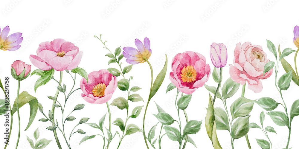 Fototapeta premium Watercolor spring wildflowers garden flowers seamless border, hand drawn repeat floral seamless border