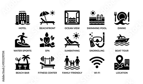 Set of travel and leisure icons featuring hotel beachfront ocean view and dining