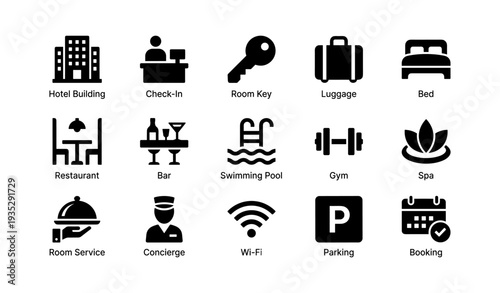 Hotel amenities icons: dining, recreation, accommodation, services
