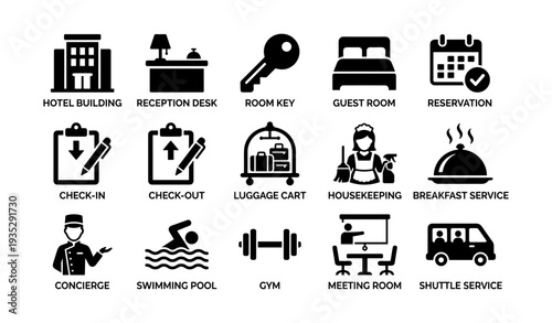 Hotel services icons including check-in, pool, gym, and shuttle