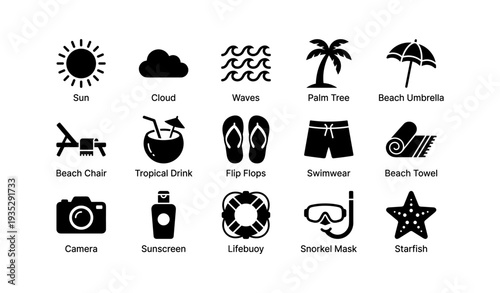 Summer beach icons: sun, waves, tropical drink, swimsuit, lifebuoy, snorkel, starfish