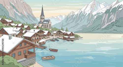 An illustrative depiction of a charming lakeside village nestled amongst snow-capped mountains, featuring wooden houses with snow-covered roofs and a church, creating a peaceful winter scene.