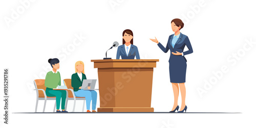 Professional businesswoman or politician delivering a speech from a wooden podium during a conference or press event.