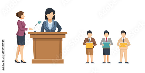 Professional businesswoman or politician delivering a speech from a wooden podium during a conference or press event.
