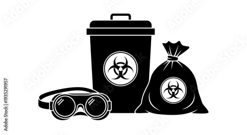 Medical Biohazard Waste Management Vector: Hazardous Waste Bin, Disposal Bag, and Safety Goggles Silhouette.