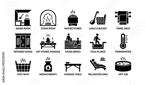 Spa symbols: sauna, aromatherapy, massage, relaxation icons