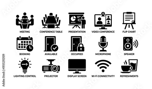 Meeting room icons: conference, presentation, video call, office equipment set