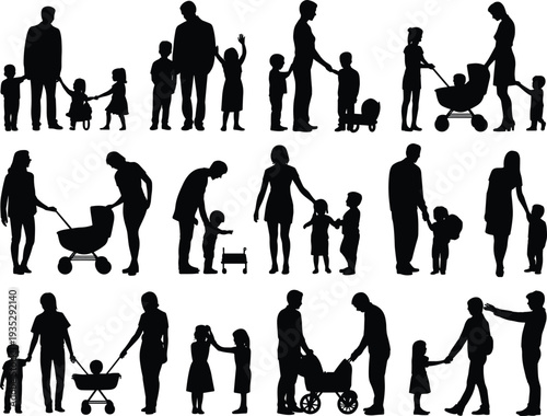 Family silhouettes collection with parents and children walking, holding hands and baby stroller isolated black silhouette set for parenting concept