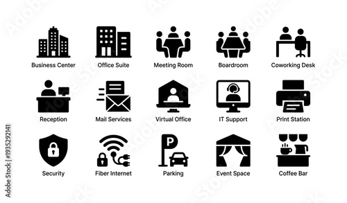 Office amenities icons: business center, meeting room, it support, security, coffee bar