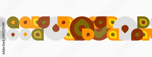 Retro pattern features circles, varying sizes, muted orange, brown tones. Simple design repeats horizontally across white background.